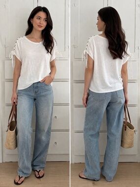 Avec Les Filles White Lace-Up Sleeve Tee Minimalist Short Sleeve Top L